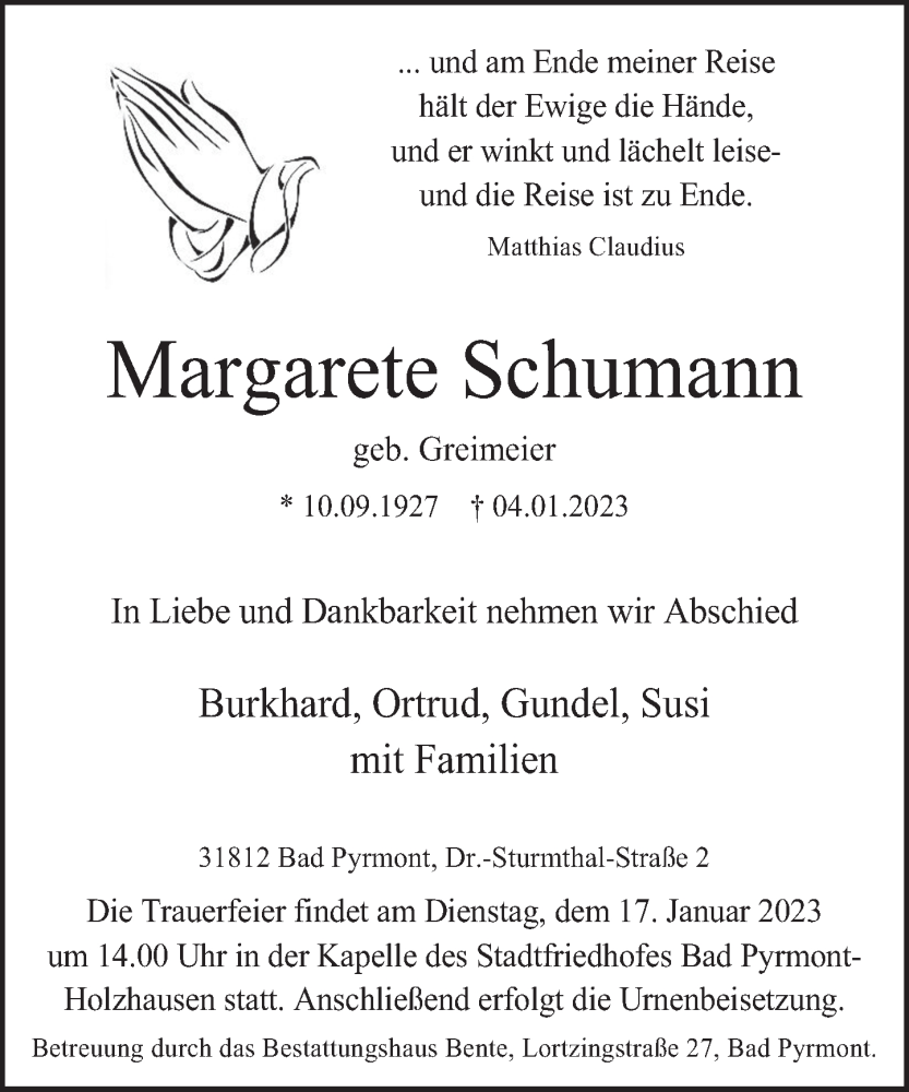  Traueranzeige für Margarete Schumann vom 12.01.2023 aus Deister- und Weserzeitung