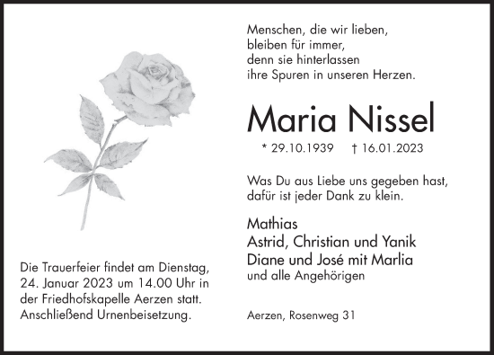 Traueranzeige von Maria Nissel von Deister- und Weserzeitung