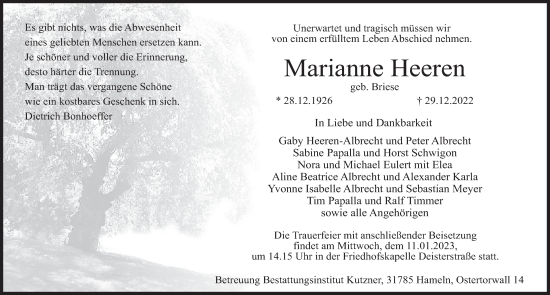 Traueranzeige von Marianne Heeren von Deister- und Weserzeitung