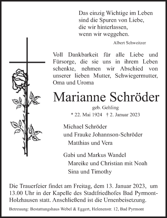 Traueranzeige von Marianne Schröder von Deister- und Weserzeitung