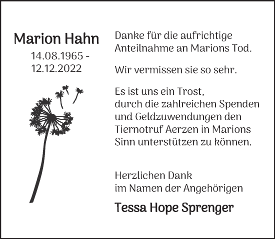 Traueranzeige von Marion Hahn von Deister- und Weserzeitung