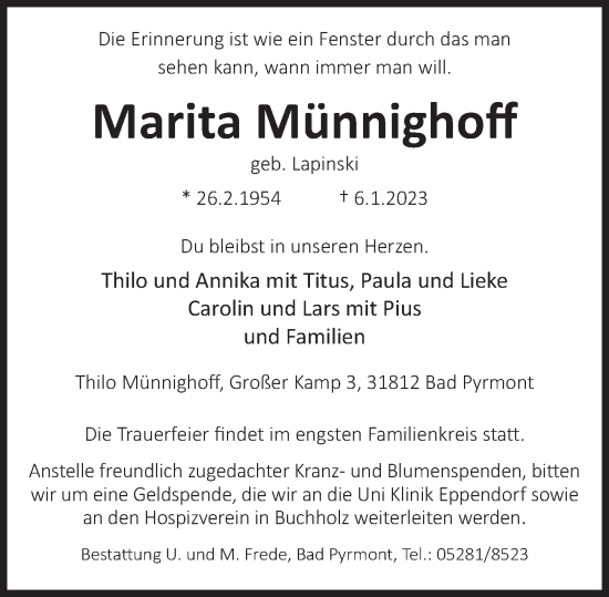 Traueranzeige von Marita Münnighoff von Deister- und Weserzeitung