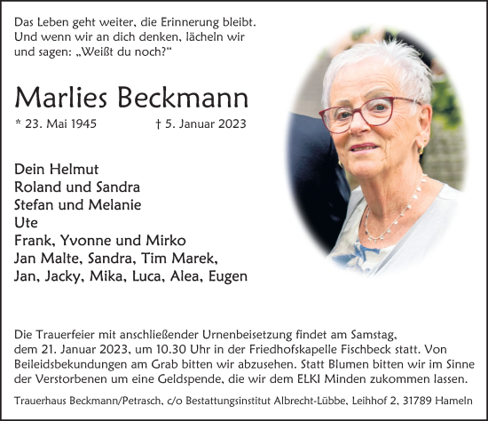 Traueranzeige von Marlies Beckmann von Deister- und Weserzeitung