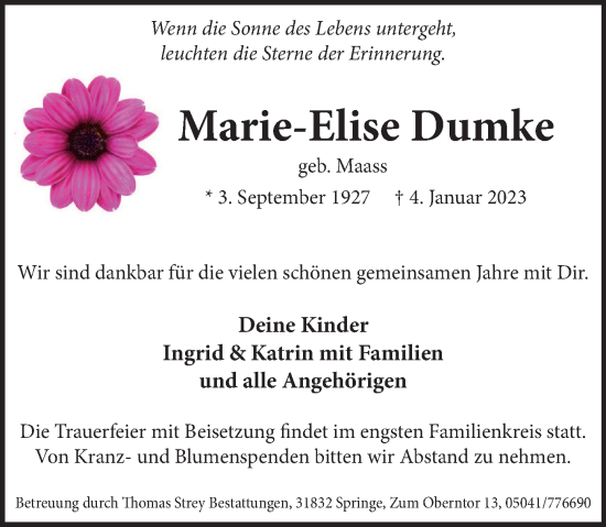 Traueranzeige von Marlies Dumke von Neue Deister-Zeitung