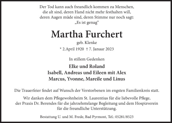Traueranzeige von Martha Furchert von Deister- und Weserzeitung