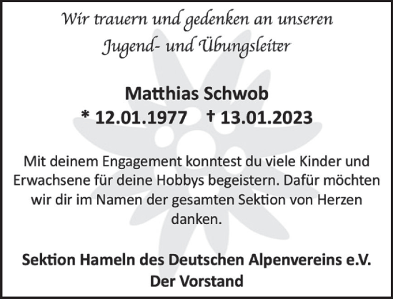 Traueranzeige von Matthias Schwob von Deister- und Weserzeitung