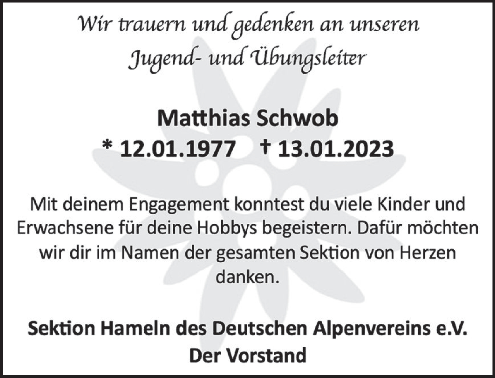  Traueranzeige für Matthias Schwob vom 31.01.2023 aus Deister- und Weserzeitung