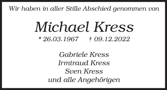 Traueranzeige von Michael Kress von Deister- und Weserzeitung
