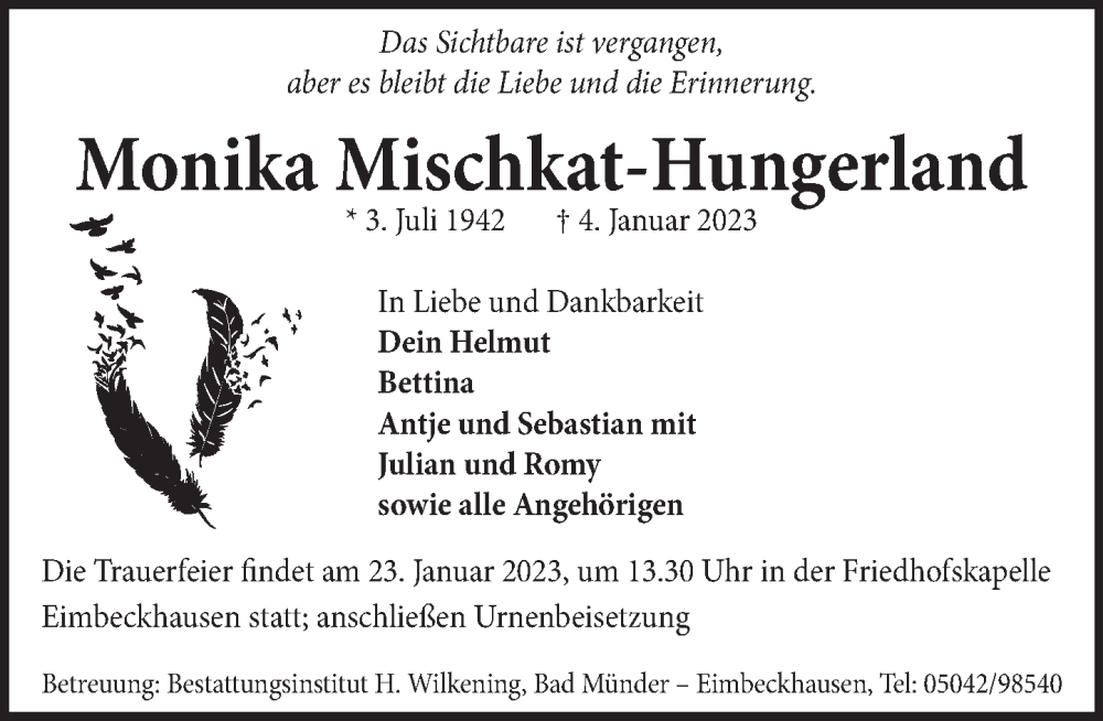  Traueranzeige für Monika Mischkat-Hungerland vom 21.01.2023 aus Neue Deister-Zeitung