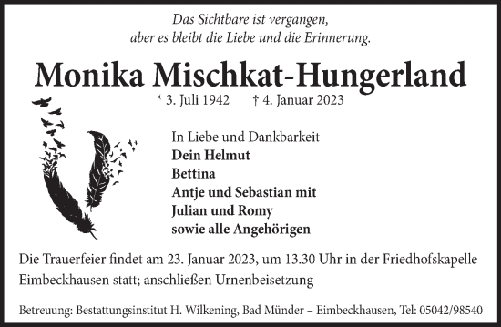 Traueranzeige von Monika Mischkat-Hungerland von Neue Deister-Zeitung