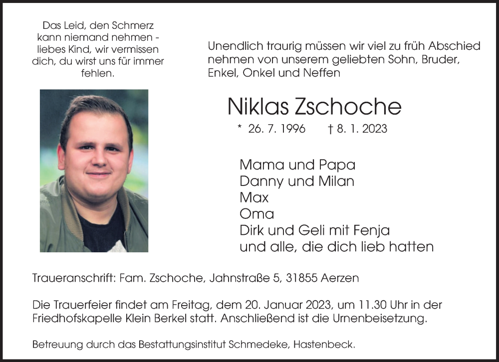  Traueranzeige für Niklas Zschoche vom 14.01.2023 aus Deister- und Weserzeitung