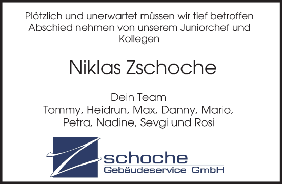 Traueranzeige von Niklas Zschoche von Deister- und Weserzeitung