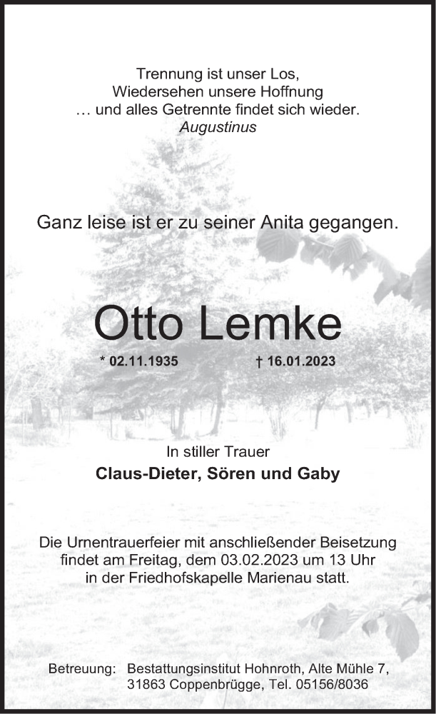  Traueranzeige für Otto Lemke vom 21.01.2023 aus Deister- und Weserzeitung