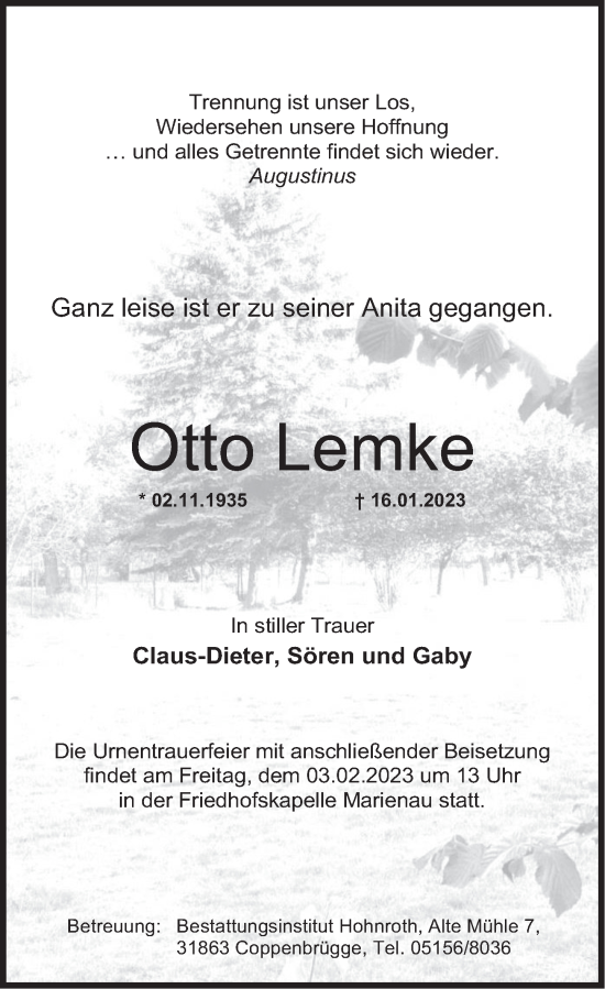 Traueranzeige von Otto Lemke von Deister- und Weserzeitung