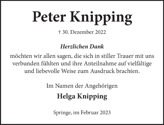 Traueranzeige von Peter Knipping von Neue Deister-Zeitung