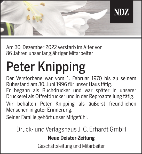 Traueranzeige von Peter Knipping von Neue Deister-Zeitung