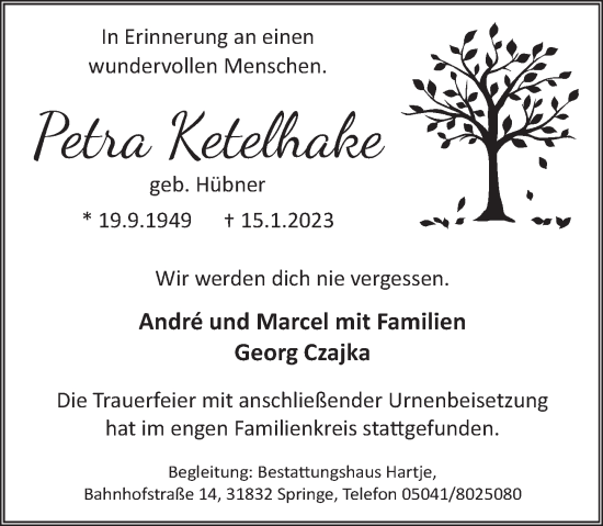 Traueranzeige von Petra Ketelhake von Neue Deister-Zeitung