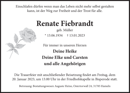 Traueranzeige von Renate Fiebrandt von Deister- und Weserzeitung