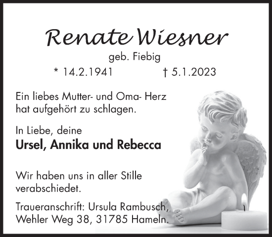 Traueranzeige von Renate Wiesner von Deister- und Weserzeitung
