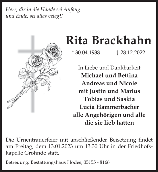 Traueranzeige von Rita Brackhahn von Deister- und Weserzeitung