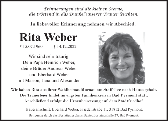 Traueranzeige von Rita Weber von Deister- und Weserzeitung