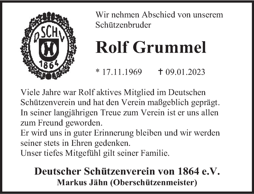 Traueranzeige für Rolf Grummel vom 14.01.2023 aus Deister- und Weserzeitung
