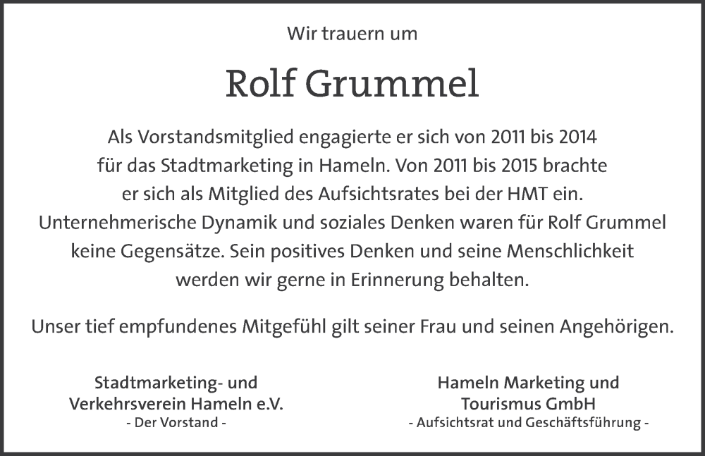  Traueranzeige für Rolf Grummel vom 20.01.2023 aus Deister- und Weserzeitung