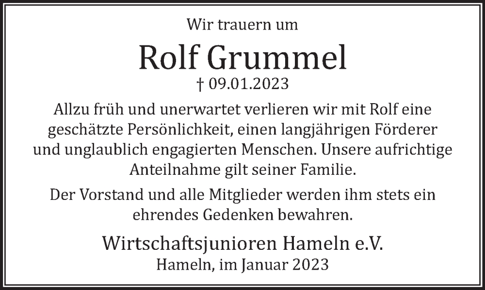  Traueranzeige für Rolf Grummel vom 20.01.2023 aus Deister- und Weserzeitung