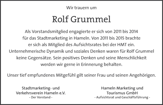 Traueranzeige von Rolf Grummel von Deister- und Weserzeitung