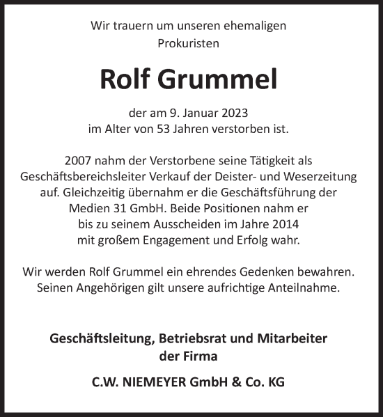 Traueranzeige von Rolf Grummel von Deister- und Weserzeitung