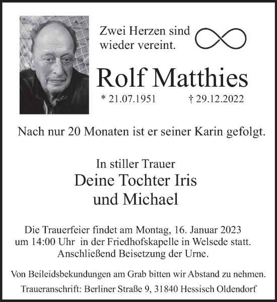 Traueranzeige von Rolf Matthies von Deister- und Weserzeitung