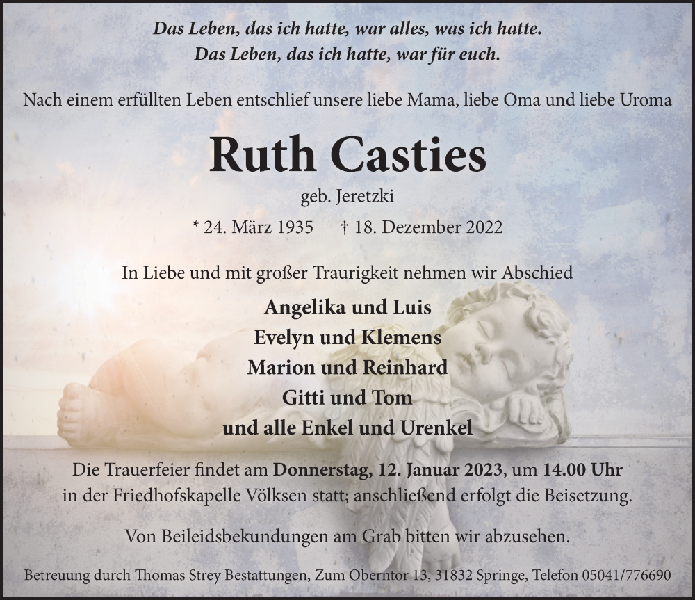  Traueranzeige für Ruth Casties vom 07.01.2023 aus Neue Deister-Zeitung