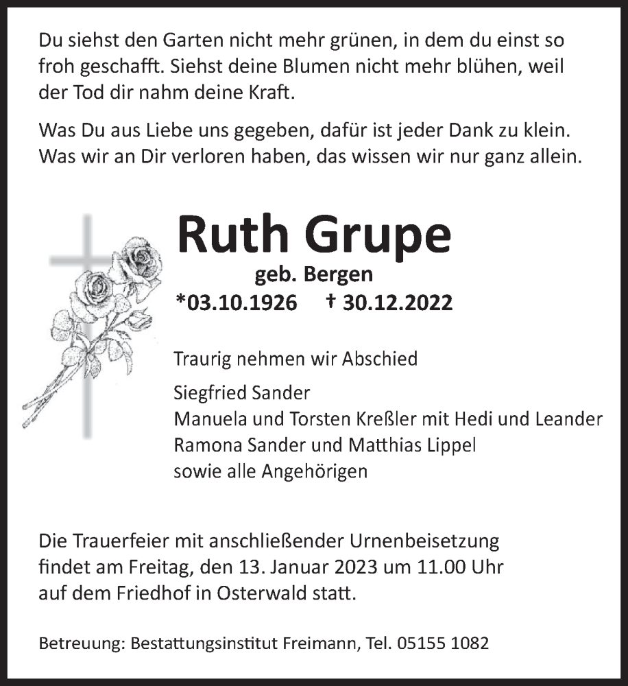  Traueranzeige für Ruth Grupe vom 07.01.2023 aus Deister- und Weserzeitung