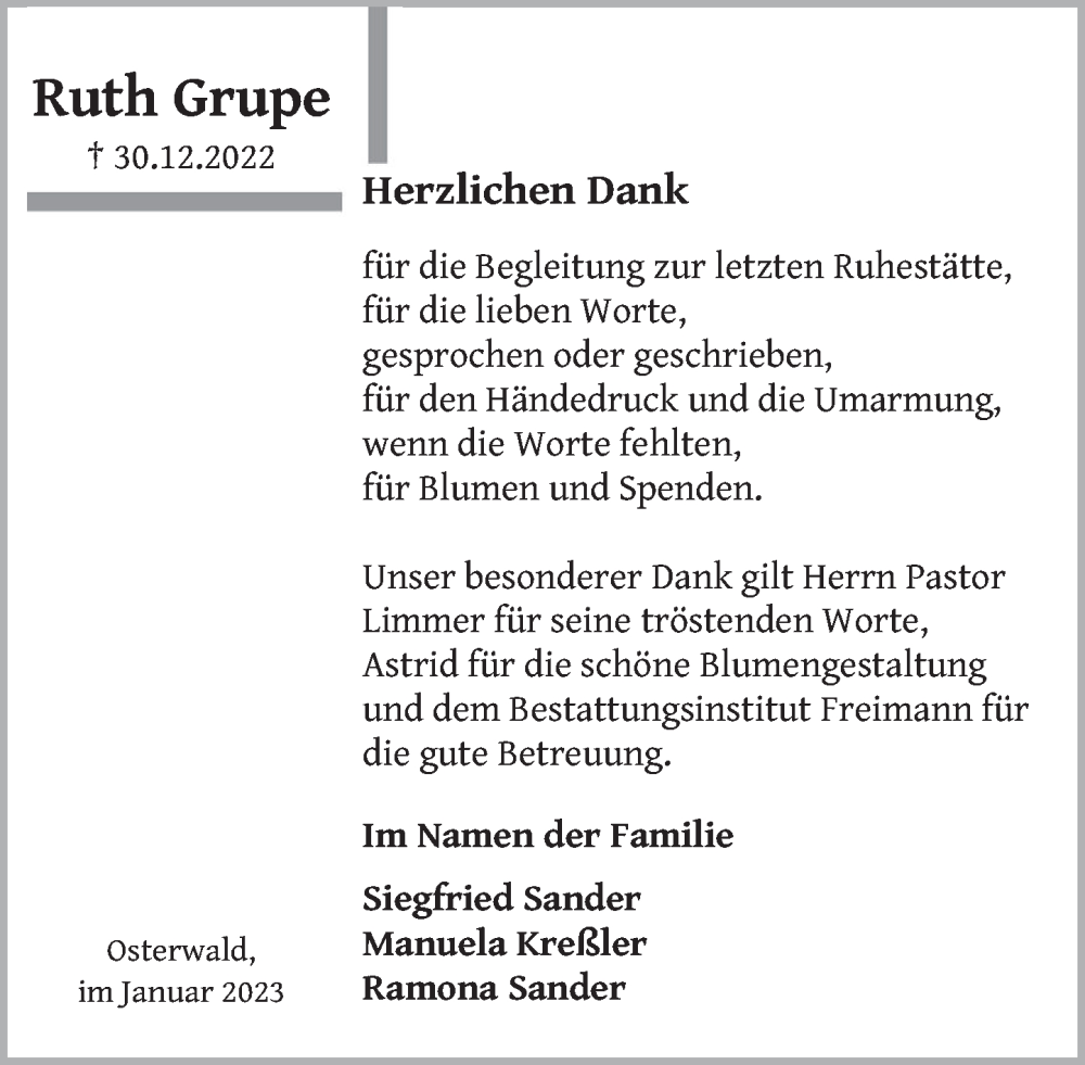  Traueranzeige für Ruth Grupe vom 24.01.2023 aus Deister- und Weserzeitung