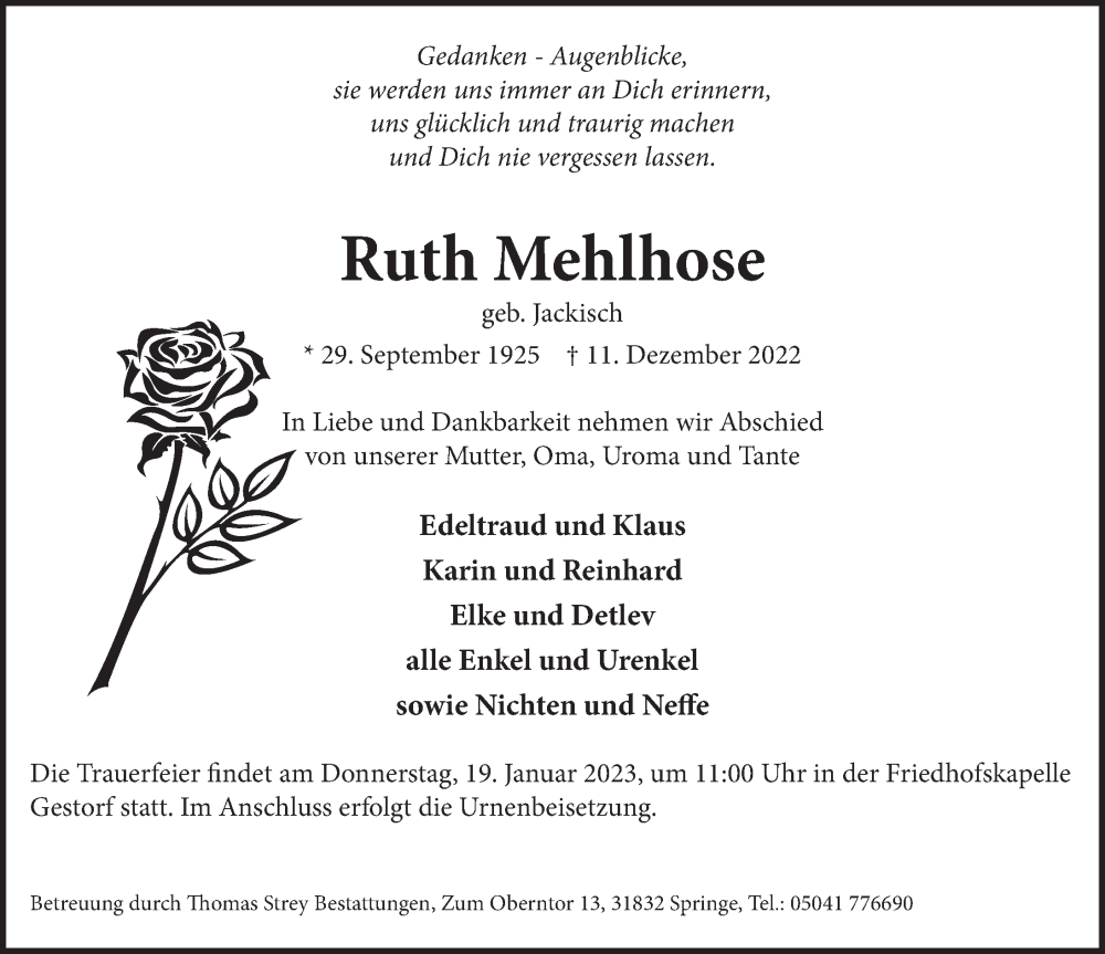  Traueranzeige für Ruth Mehlhose vom 14.01.2023 aus Neue Deister-Zeitung