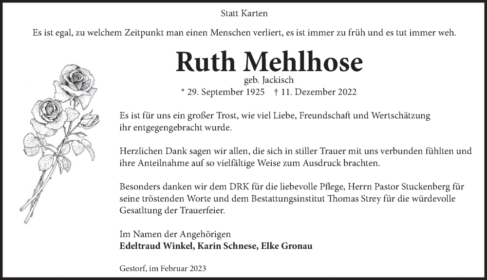  Traueranzeige für Ruth Mehlhose vom 04.02.2023 aus Neue Deister-Zeitung