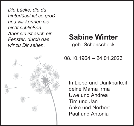 Traueranzeige von Sabine Winter von Deister- und Weserzeitung