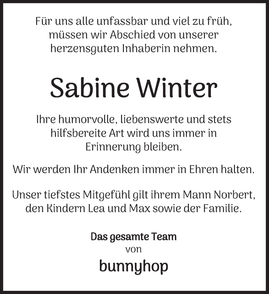  Traueranzeige für Sabine Winter vom 28.01.2023 aus Deister- und Weserzeitung