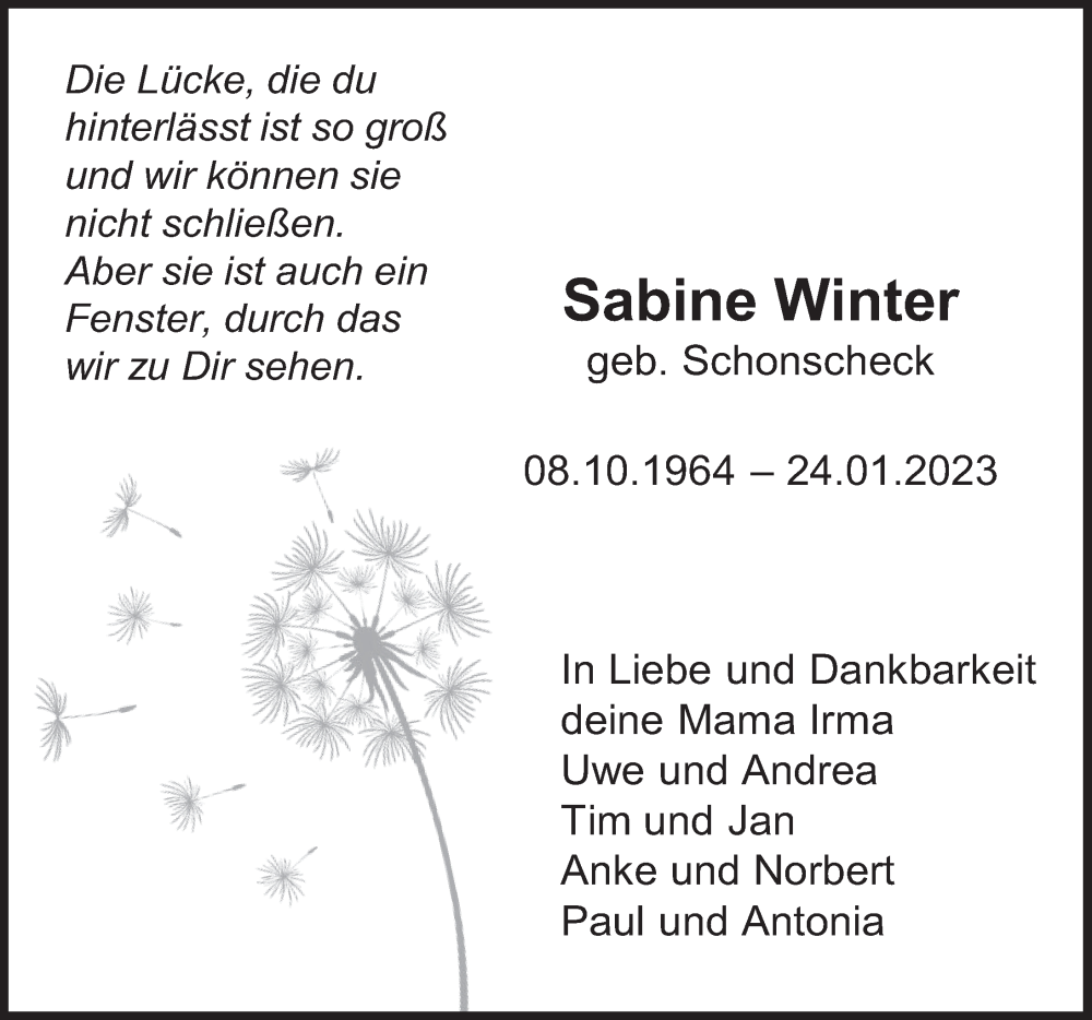  Traueranzeige für Sabine Winter vom 30.01.2023 aus Deister- und Weserzeitung