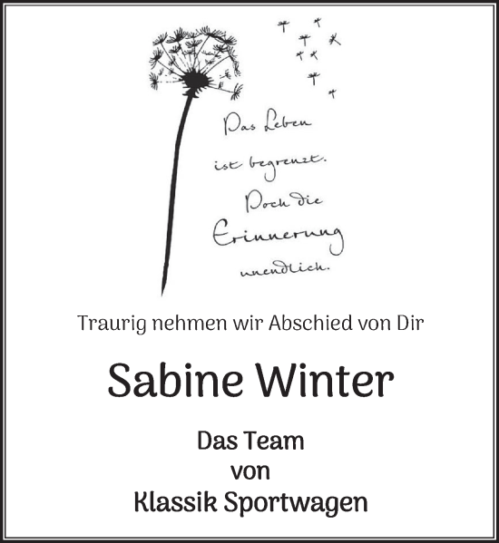 Traueranzeige von Sabine Winter von Deister- und Weserzeitung