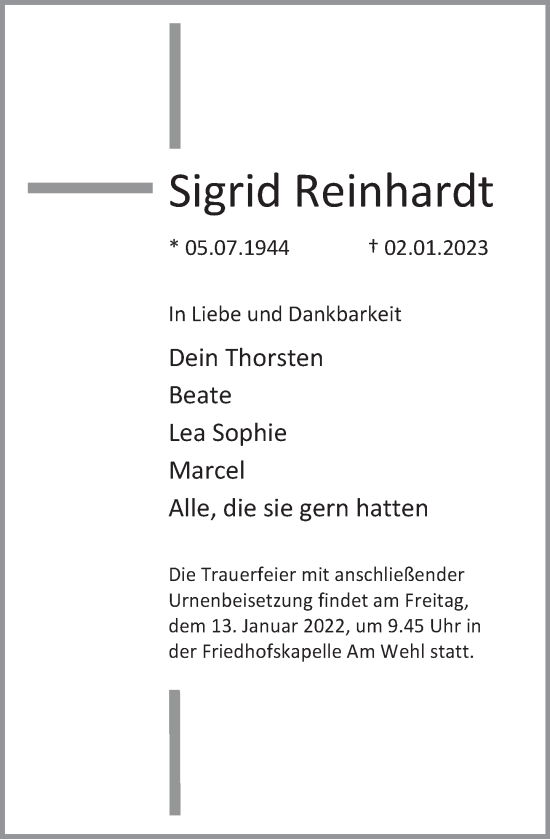 Traueranzeige von Sigrid Reinhardt von Deister- und Weserzeitung