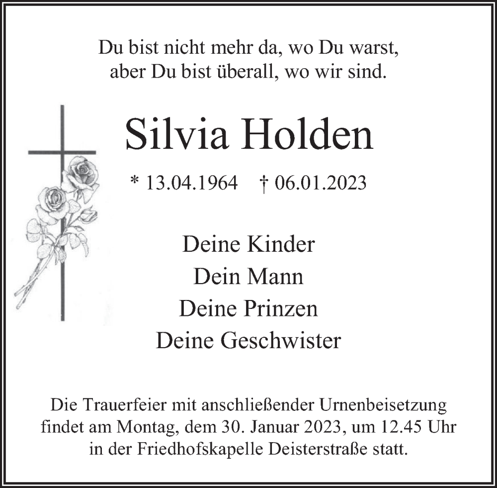  Traueranzeige für Silvia Holden vom 21.01.2023 aus Deister- und Weserzeitung