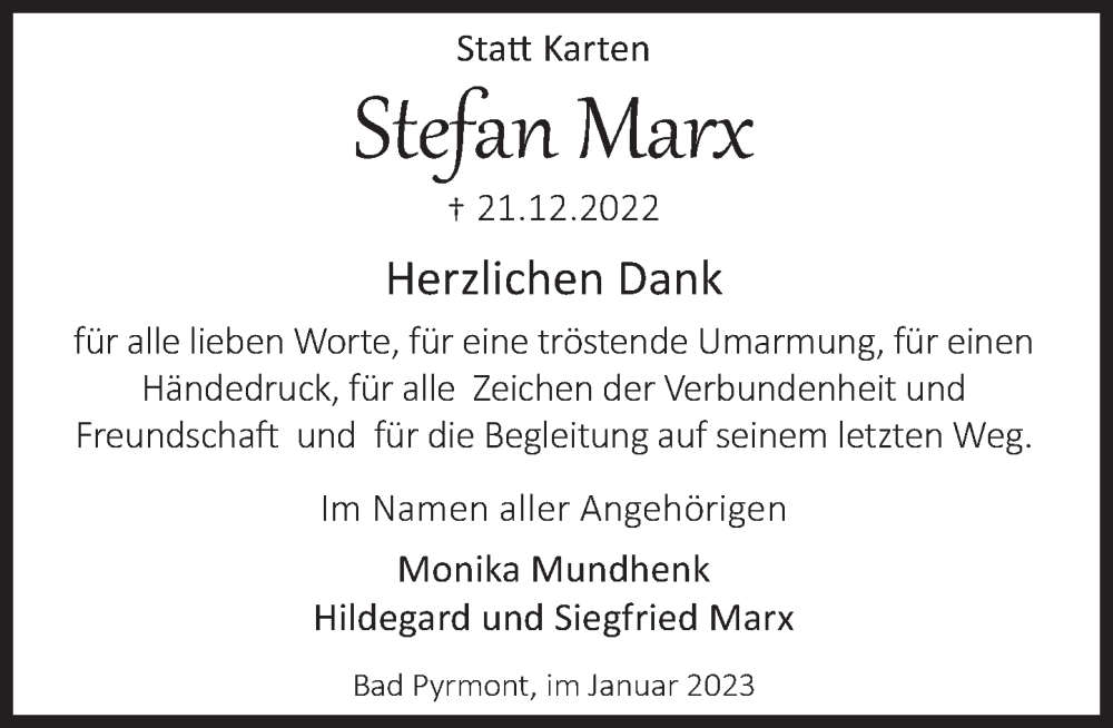  Traueranzeige für Stefan Marx vom 20.01.2023 aus Deister- und Weserzeitung