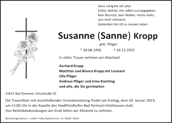Traueranzeige von Susanne Kropp von Deister- und Weserzeitung