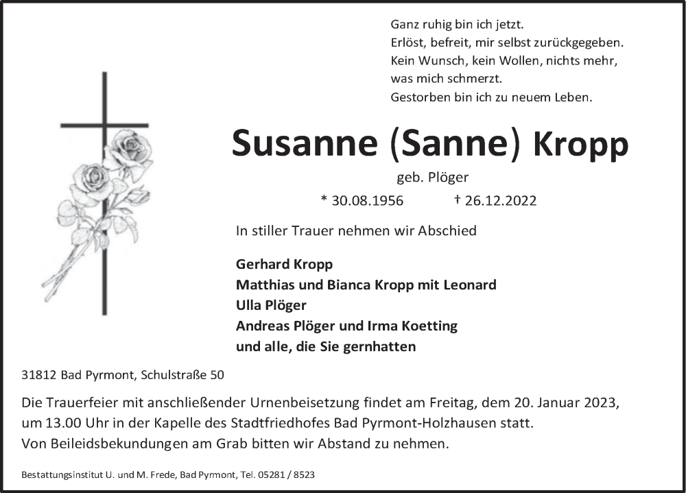  Traueranzeige für Susanne Kropp vom 14.01.2023 aus Deister- und Weserzeitung