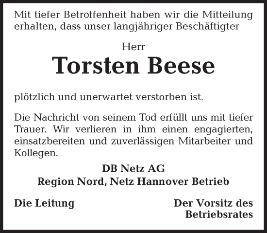 Traueranzeige von Torsten Beese von Deister- und Weserzeitung