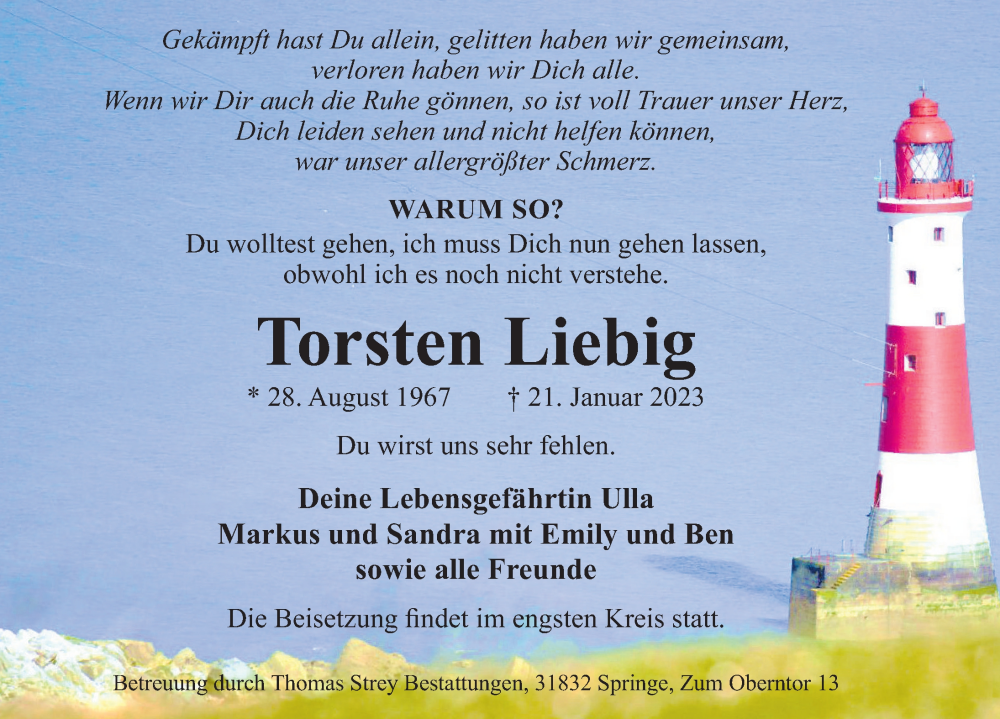  Traueranzeige für Torsten Liebig vom 28.01.2023 aus Neue Deister-Zeitung