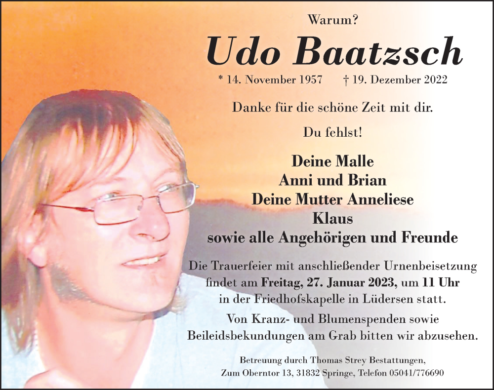  Traueranzeige für Udo Baatzsch vom 21.01.2023 aus Neue Deister-Zeitung