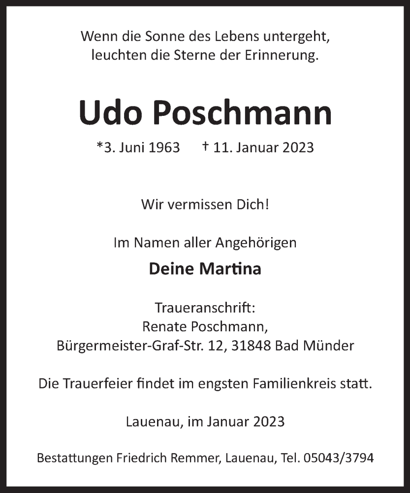  Traueranzeige für Udo Poschmann vom 04.02.2023 aus Neue Deister-Zeitung