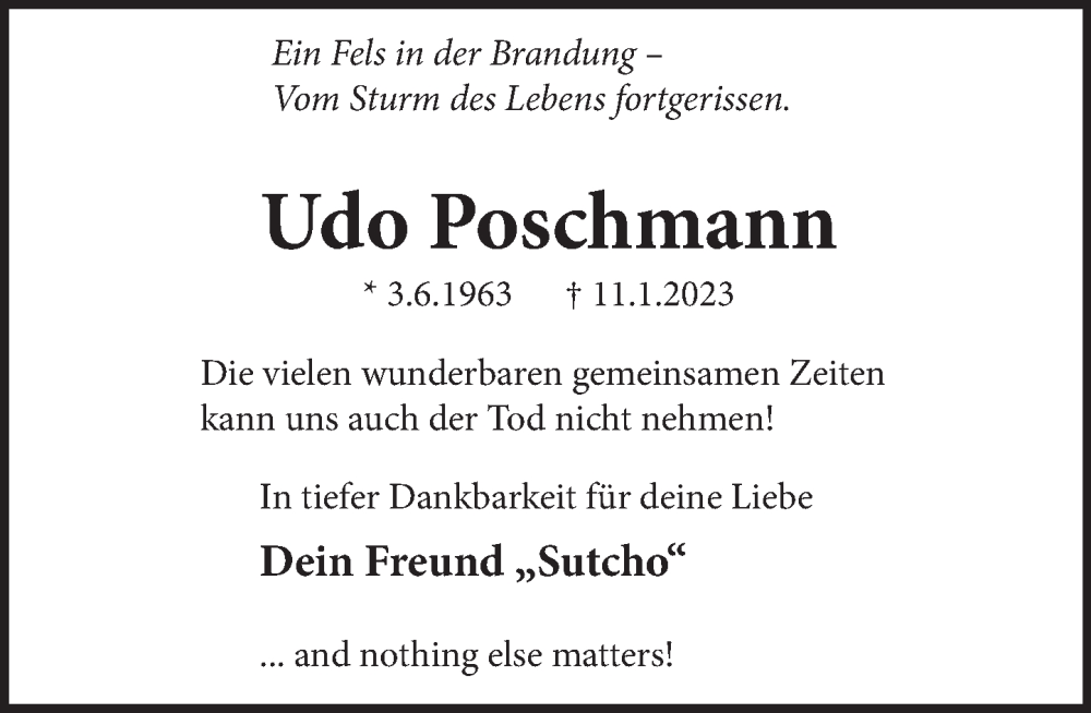  Traueranzeige für Udo Poschmann vom 21.01.2023 aus Neue Deister-Zeitung